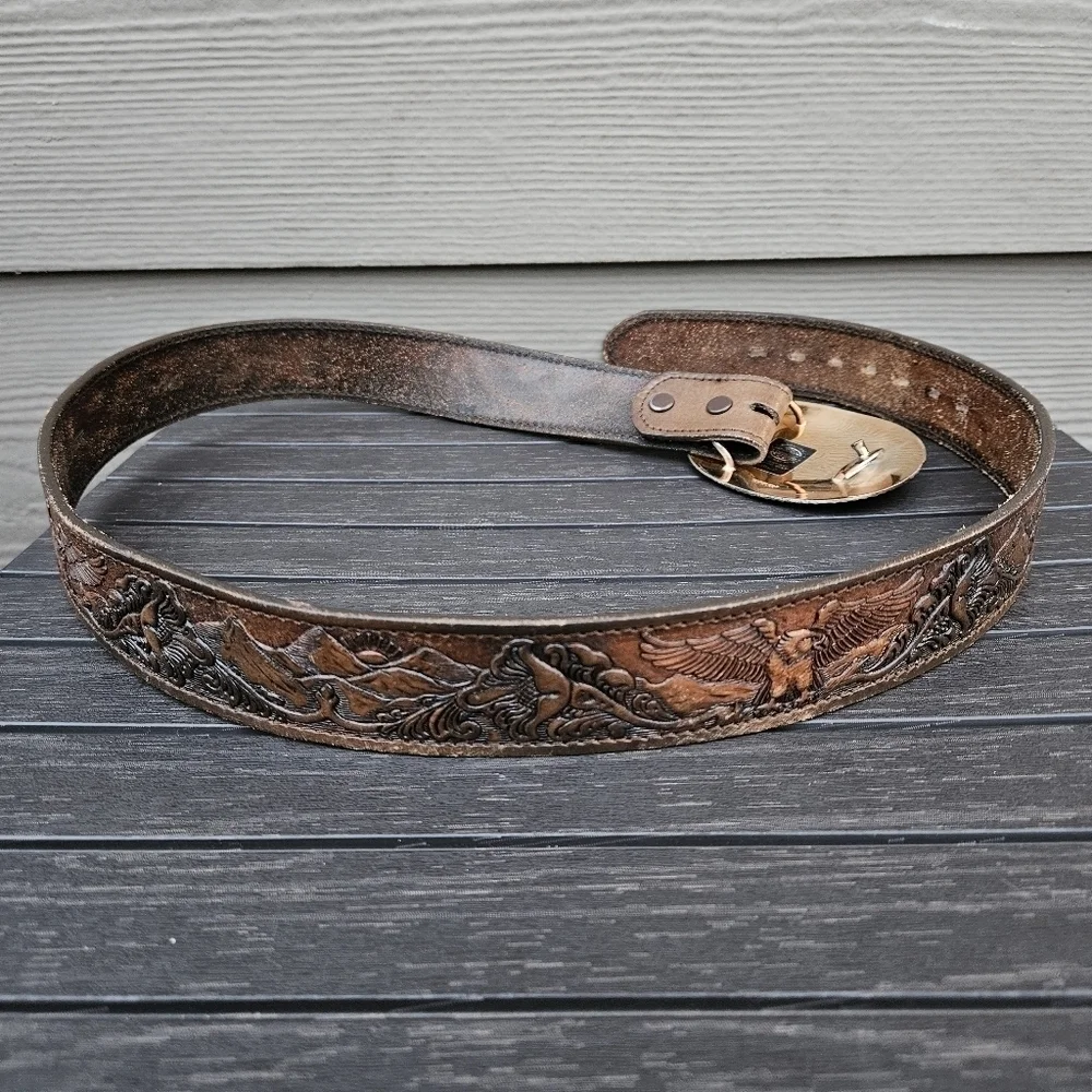 Chambers Top Grain Leather Hand Tooled Belt Eagle Mountains Brass Buckle USA 38